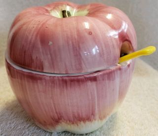 Vintage Red Ceramic " Apple " Sugar Bowl Dish With Lid & Spoon,  Collectible & Rare