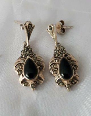Vintage Sterling Silver Black Stone Marcasite Drop Earrings