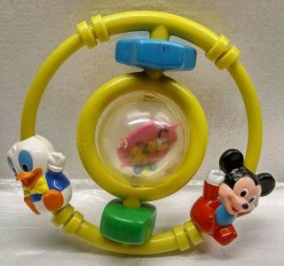 Vintage 1985 Disney Mickey Mouse Donald Duck Pluto Plastic Baby Rattle Ring Toy