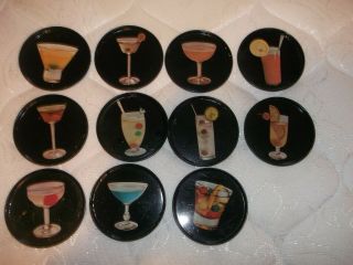 Vintage/retro Mid Century Modern Black Tin Coasters Cocktail W Recipies On Back