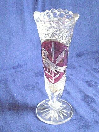 Vintage Bohemian Crystal Birds Vase,  Ruby Cut To Clear,  8.  5 " Tall