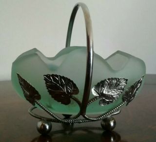 Vintage Art Deco Bagley Art Green Glass And Chrome Leaf Design Small Basket