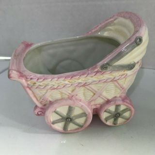 Pink White Ceramic Buggy Planter Vtg Baby Girl Shower Nursery Decor Crafts