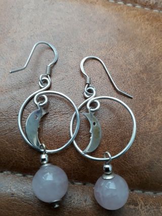 Vintage 925 Silver And Rose Quartz Dangle Earrings With A Half Moon Face 129