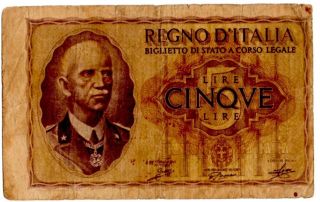 Kingdom Of Italy Five Lire Paper Money Currency Note Vintage Regno D 