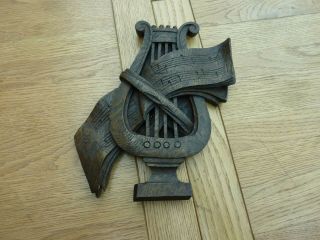 Vintage Hand Carved Lyre With Musical Stave Wall Plaque 9 X 9 "