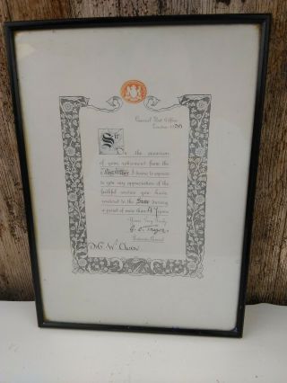 Vintage Framed Post Office London Retirement Certificate C1936 Interesting Curio
