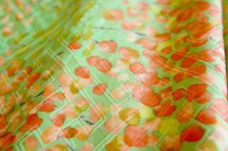 Vintage Japanese Kimono Silk Fabri | Green Weave Orange Leave 63 " | Long Panel