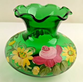 Vintage Green Glass Hand Painted Rose Floral Small Ruffled Crimped Edge
