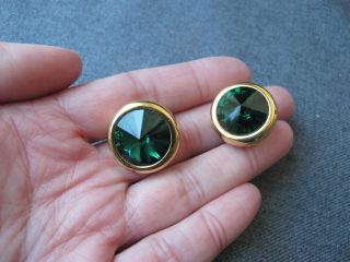 Vintage Signed E Pearl Green Crystal Golden Metal Rounded Earrings