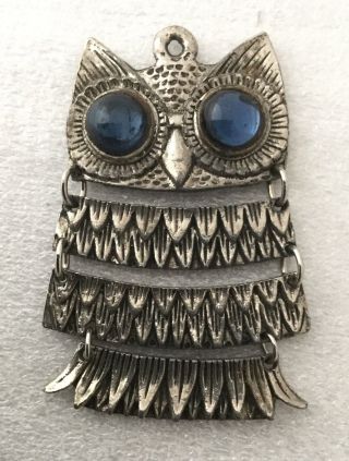 Vintage Metal Large Articulated Owl Pendant With Blue Glass Eyes