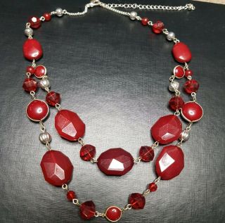 Vintage Red Beaded Necklace Silver Tone Costume Jewellery Pretty Paste