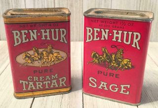 2 Vintage Ben - Hur Cream Of Tarter & Sage Spice Canister Tins Can Advertising