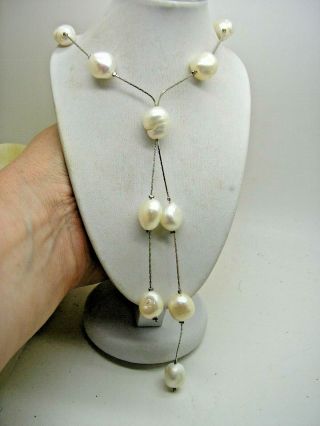 Vintage 12mm White Akoya Pearl Twin Drop Necklace 18 "