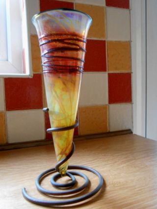 Vintage Blown Glass Vase With Metal Stand