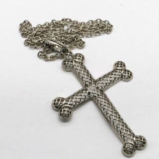 Vintage Silver White Metal Cut Work Large Cross Crucifix Pendant Necklace