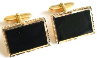 Vintage 1960s Retro Rectangular Black Glass Goldtone Metal Cufflinks