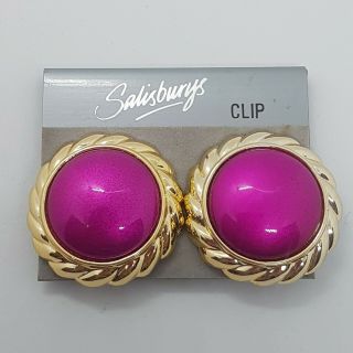 Vintage 80/90s Clip - On Earrings Plastic Statement Pink Gold Tone Round Large