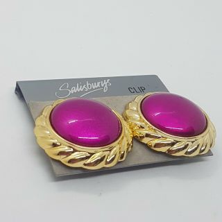 VINTAGE 80/90s Clip - On Earrings Plastic Statement Pink Gold Tone Round Large 2