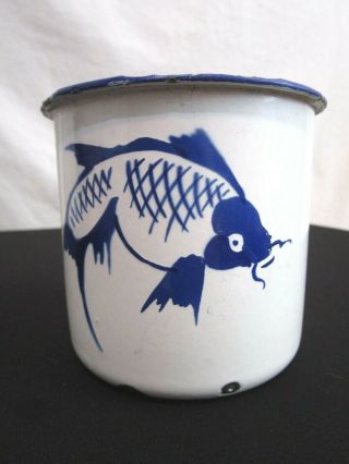 Vintage Asian White & Blue Fish Metal Enamelware Large 12 Oz Coffee Mug Cup