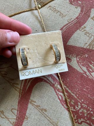 Vintage Signed Roman Costume Gold Tone Clear Rhinestone Pierced Hoop Earrings