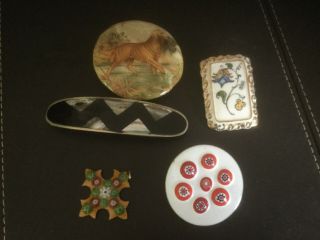 Vintage Brooches,  Celluloid Belt Buckle,  Alpaca Silver,  Enamel Maltese Cross Pen