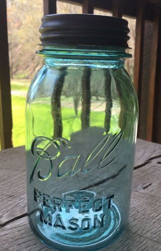 Vintage Blue Quart Ball Mason Jar 1923 - 1933 4 Zinc Lid