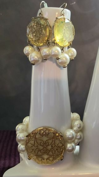Vintage Custome Jewelry Bracelet & Earrings Set Faux Pearl Yellow