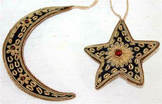 Vintage Star & Sickle Moon Hand Embroidered Silver Thread on Velvet Ornaments 2