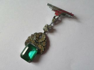 Small Vintage Circa Art Deco Green Glass & Diamante Dangle Bar Brooch