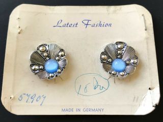 Vintage Earrings - Light Blue Small Glass Center Clip - On Earrings
