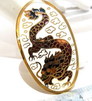 Vintage Art Style Cloisonne Enamel Chinese Dragon Brooch Signed Brooch Sea Gems,