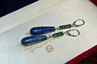 Art Deco Vintage Lapis Lazuli & Malachite Glass Bead 925 Silver Earrings
