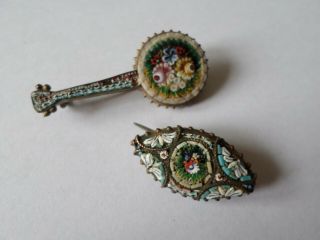 2 Vintage Early Mid 20th Century Micromosaic Brooches - Banjo Missing Tiles