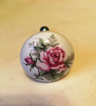 Vintage Ceramic Drawer Knob Cabinet Pull White With Pink Rose 1 - 1/2 " Diameter