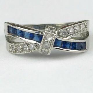 Vintage Art Deco Style Silver White Metal Sapphire Blue Glass Clear Ring Size T
