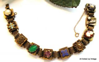 Vintage Victorian Rev Slide Bracelet Gold Tone Mesh Sq Charms Asst Stones Cameo