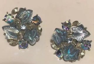 Vintage Lisner Signed Blue Leaf Lucite? Rhinestone Earrings