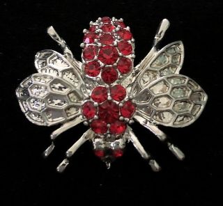 Vintage Silver Tone Crystal Rhinestone Red Bee Insect Bug Brooch Broach Pin