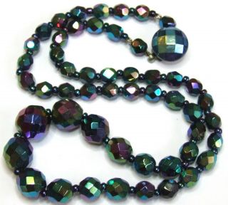 Vintage 1950s Faceted Peacock Carnival Glass Beaded Necklace
