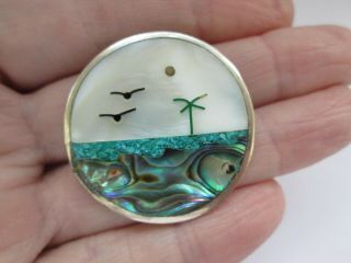 Vintage Signed Alpaca Mexico Mop Abalone Turquoise Chip Pendant Brooch Pin