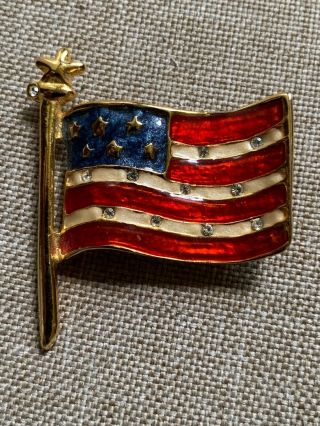 Vintage Gold Tone Rhinestone Waving American Flag 4th Of July Enamel Brooch Pin