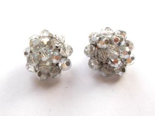 Vintage Art Deco Silver Tone Faceted Glass Crystal Beaded Bead Cluster Earrings