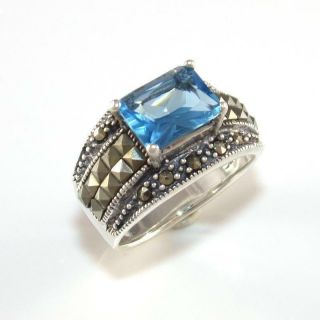 Sterling Silver Blue Cz Marcasite Vintage Dome Band Ring Size 6.  5 Lde11