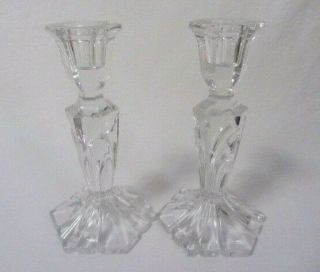 Vintage Poland 24 Lead Crystal Cut Glass Stem Taper 7 " Candlesticks Pair