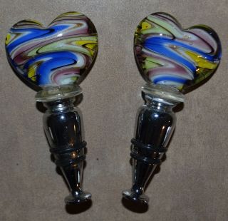 Wine Stoppers Bottle Toppers 2 Glass Heart Shaped Multi Color Vtg W/box