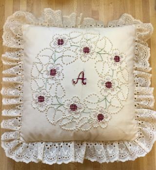 Vintage Embroidered Handmade Throw Pillow Eyelet Lace Monogram A