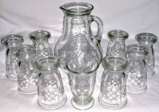 Vintage Glass Carafe With 9 Glasses Nautical Sailboat Juice Bar Ware