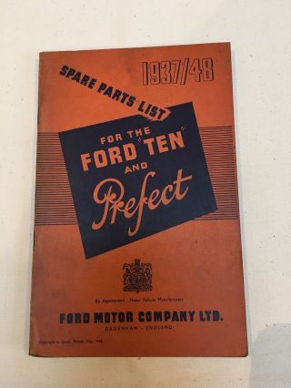 Vintage Ford Ten And Prefect Spare Parts List 1948