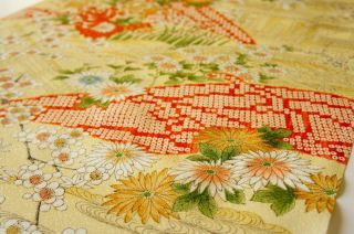 Vintage Japanese Kimono Silk Fabric | Light Yellow Flower Garden 47 " | Quilting